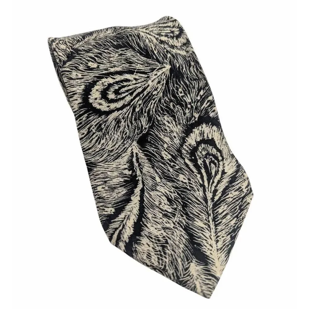 Steven Land Black & off white peacock feather print abstract silk necktie tie